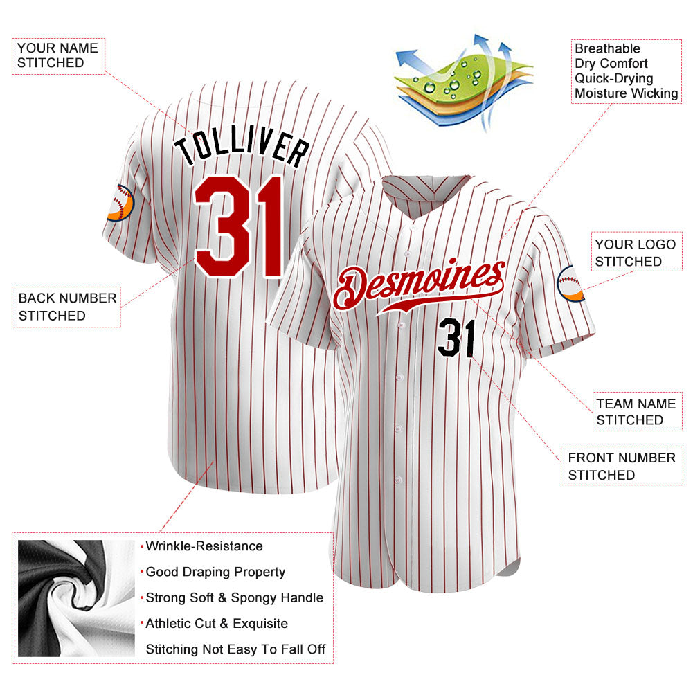 Custom White Red Pinstripe Red-Black Authentic Baseball Jersey