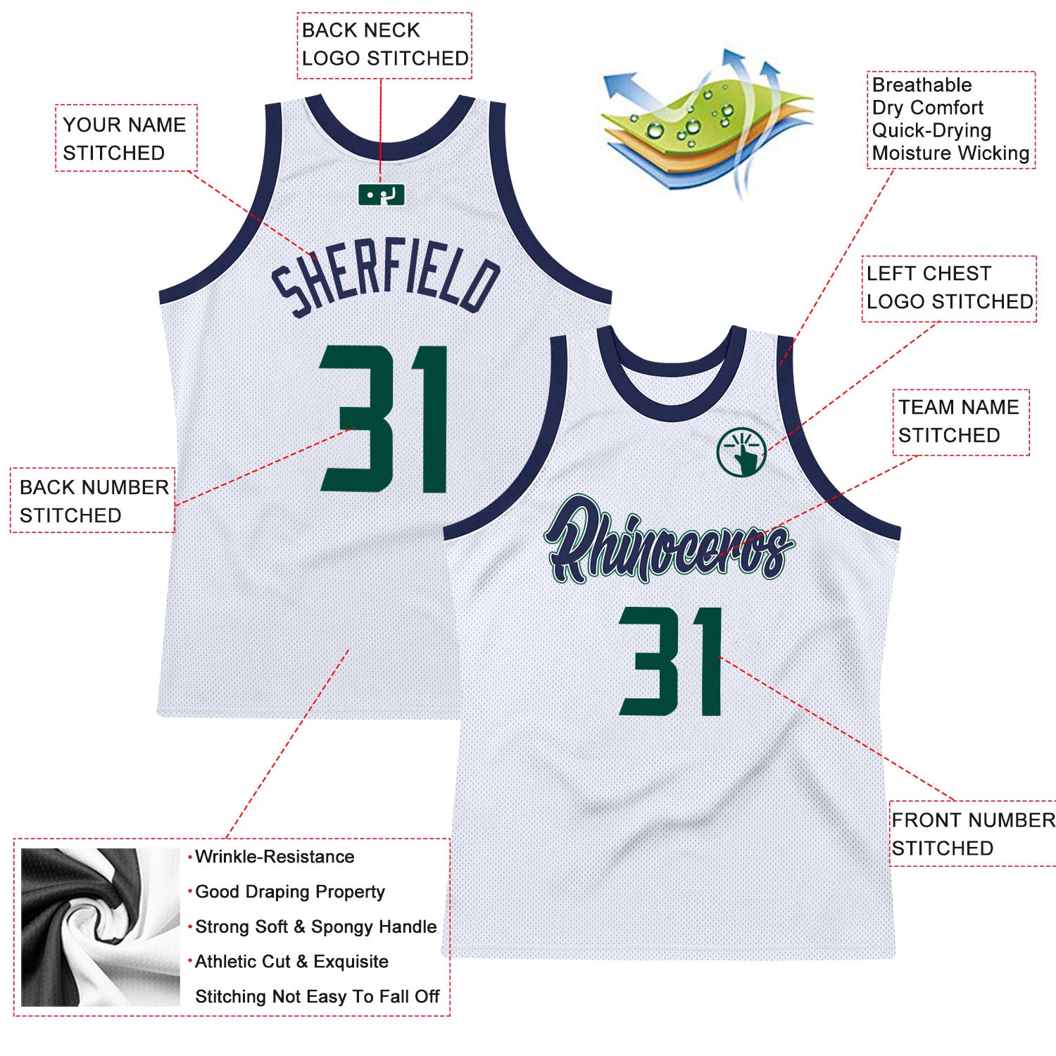Custom White Hunter Green-Navy Authentic Throwback Basketball Jersey