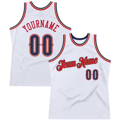 Custom White Navy-Red Authentic Throwback Basketball Jersey