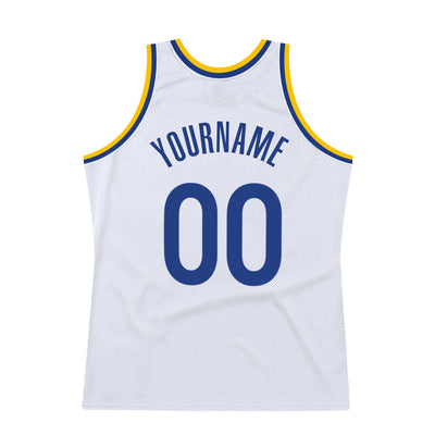 Custom White Royal-Gold Authentic Throwback Basketball Jersey