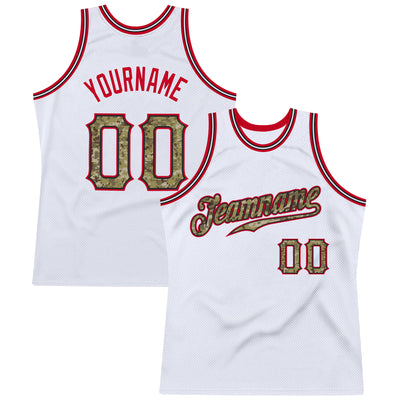 Custom White Camo-Red Authentic Throwback Basketball Jersey