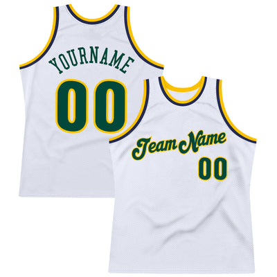 Custom White Hunter Green-Gold Authentic Throwback Basketball Jersey