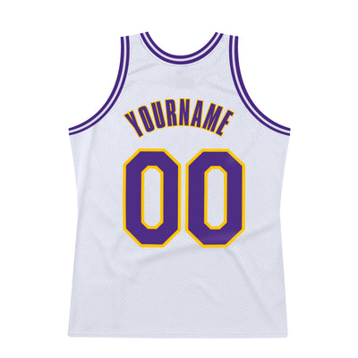 Custom White Purple-Gold Authentic Throwback Basketball Jersey
