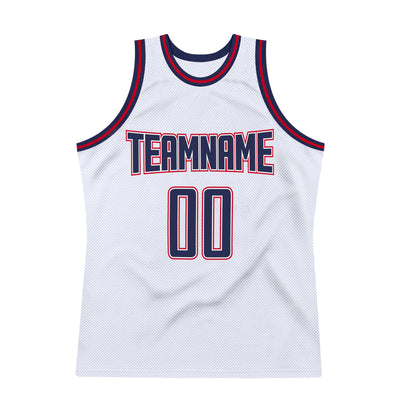 Custom White Navy-Red Authentic Throwback Basketball Jersey