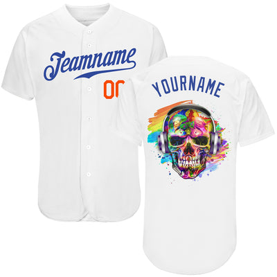Custom White Royal-Orange Authentic Skull Fashion Baseball Jersey
