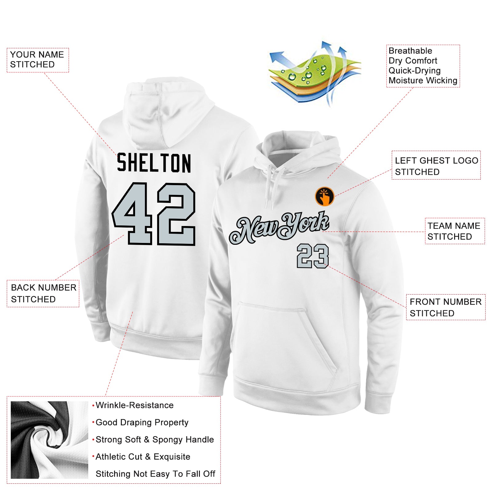 Custom Stitched White Silver-Black Sports Pullover Sweatshirt Hoodie