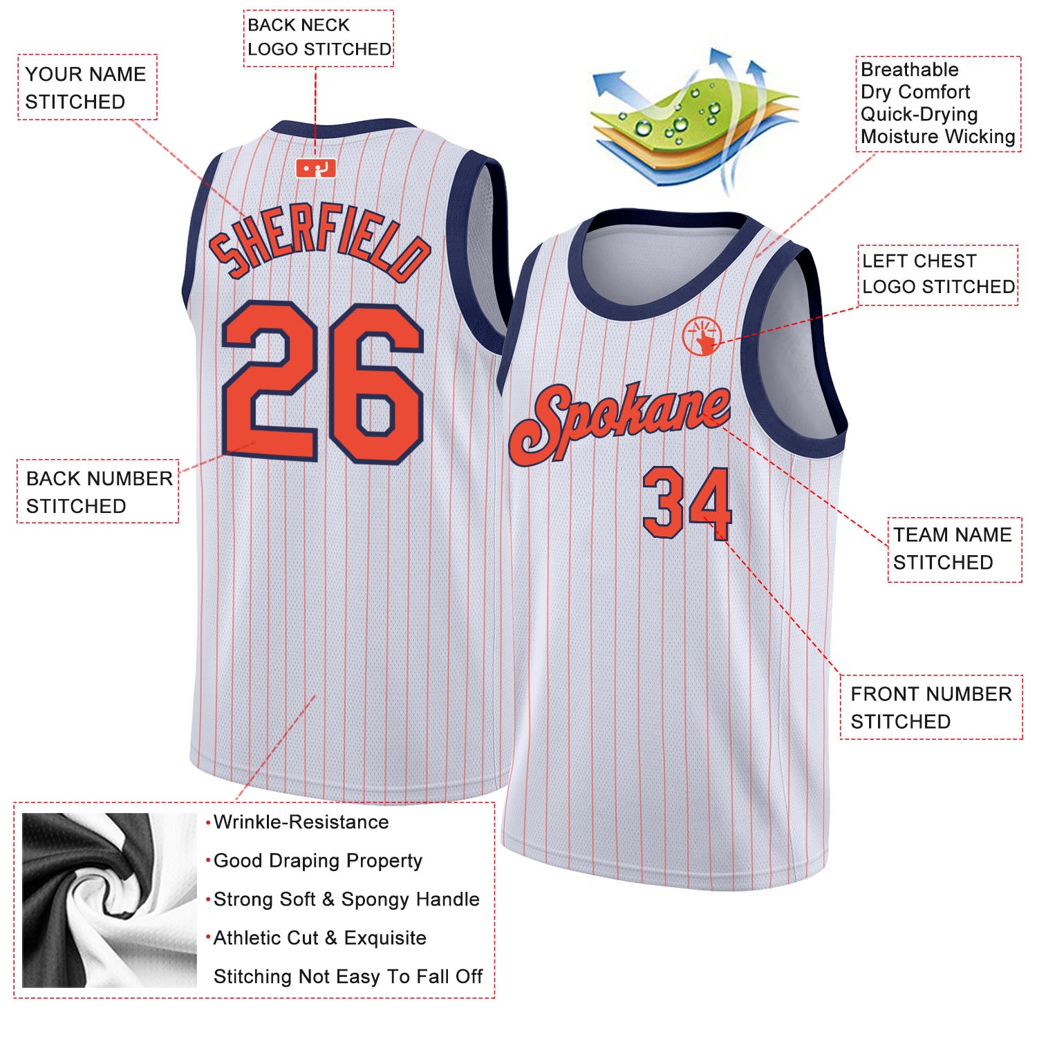 Custom White Orange Pinstripe Orange-Navy Authentic Basketball Jersey