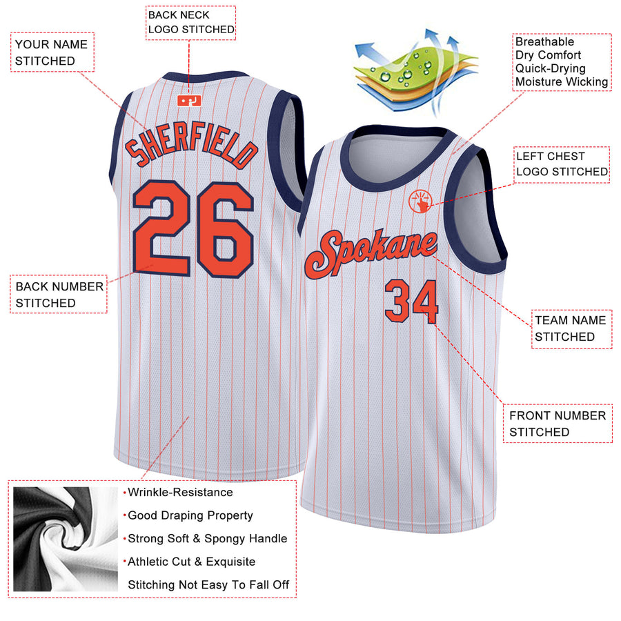 Custom White Orange Pinstripe Orange-Navy Authentic Basketball Jersey