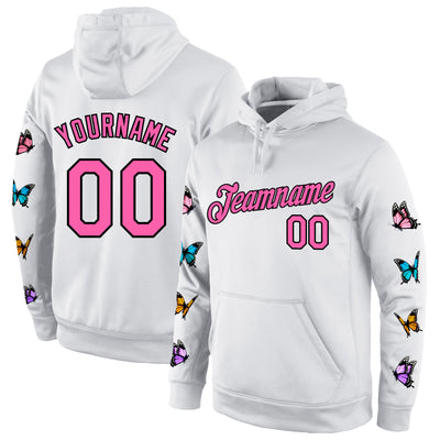 Custom Stitched White Pink-Black 3D Pattern Design Pastel Butterfly Sports Pullover Sweatshirt Hoodie
