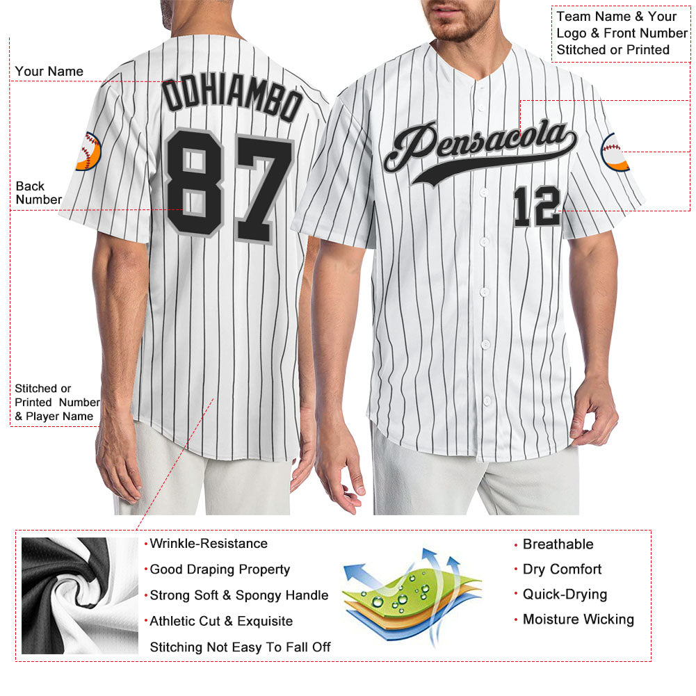 Custom White Black Pinstripe Black-Gray Authentic Baseball Jersey