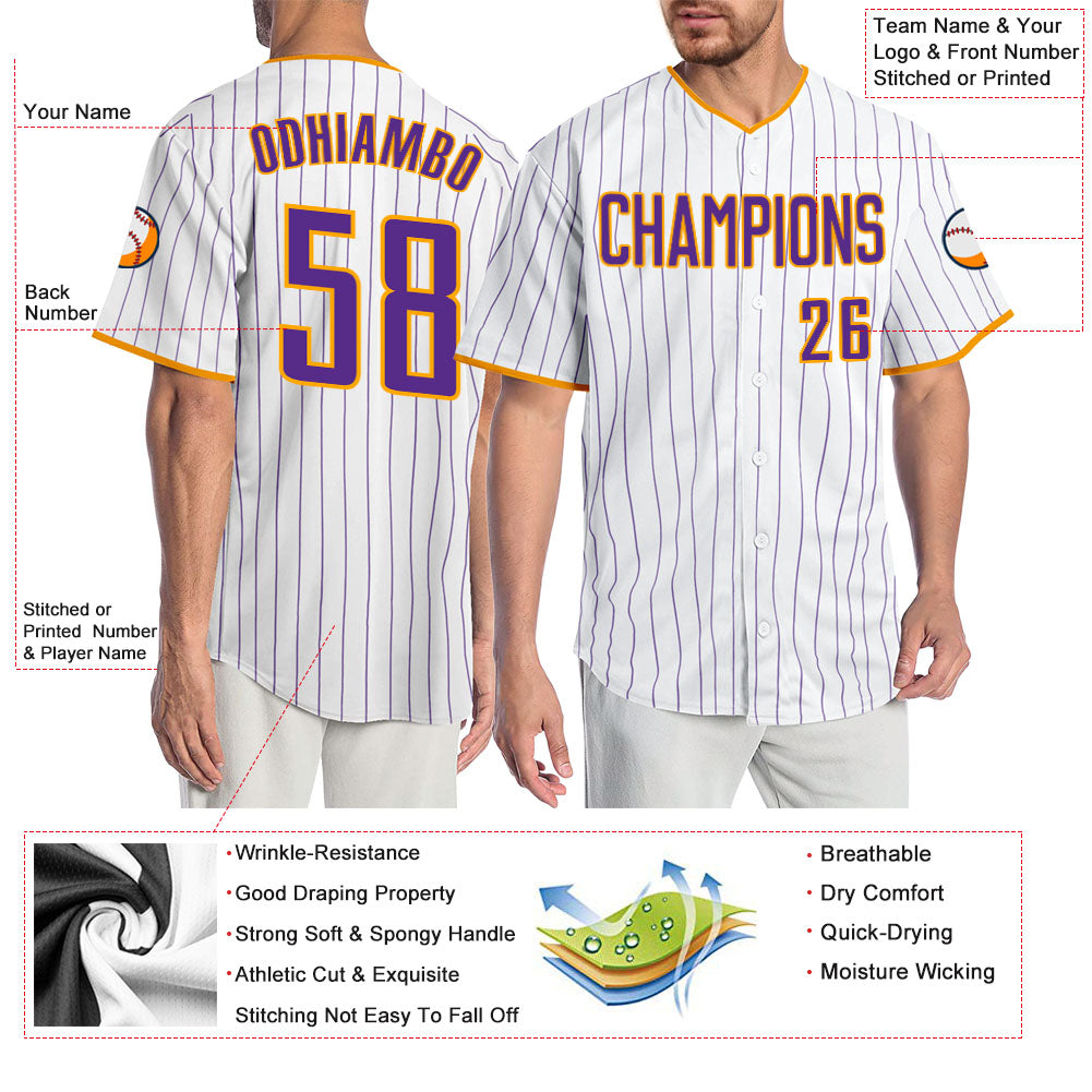 Custom White Purple Pinstripe Purple-Gold Authentic Baseball Jersey