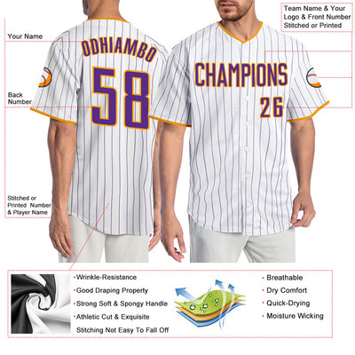 Custom White Purple Pinstripe Purple-Gold Authentic Baseball Jersey