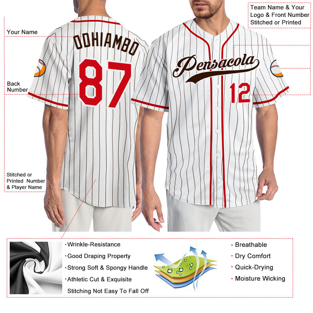 Custom White Brown Pinstripe Red-Brown Authentic Baseball Jersey