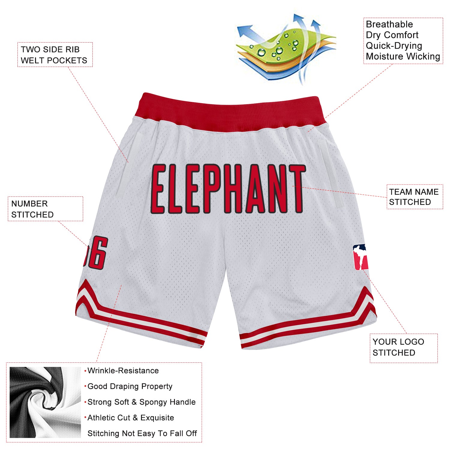 Custom White Red-Black Authentic Throwback Basketball Shorts