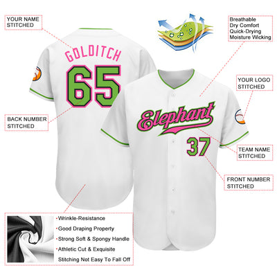 Custom White Neon Green-Pink Authentic Baseball Jersey