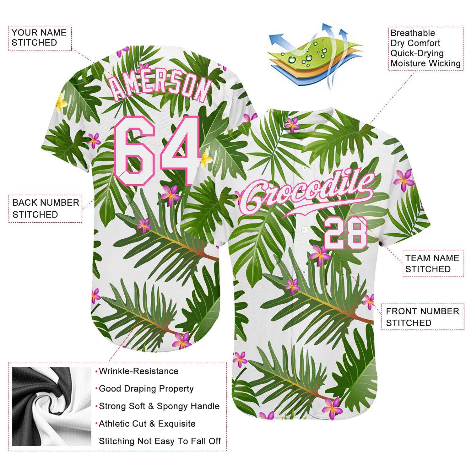 Custom White White-Pink 3D Pattern Design Tropical Palm Leaves Authentic Baseball Jersey