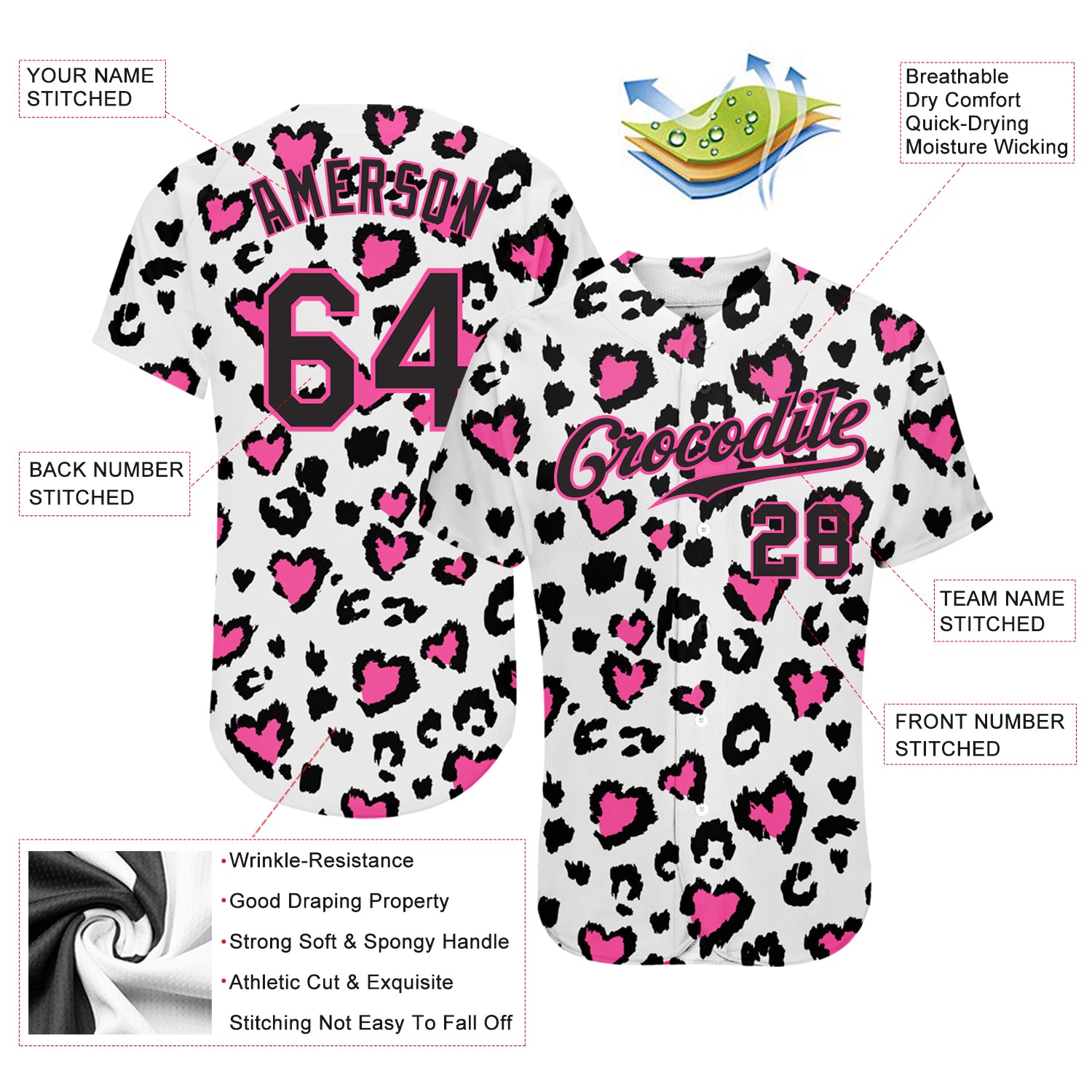 Custom White Black-Pink 3D Pattern Design Leopard Authentic Baseball Jersey