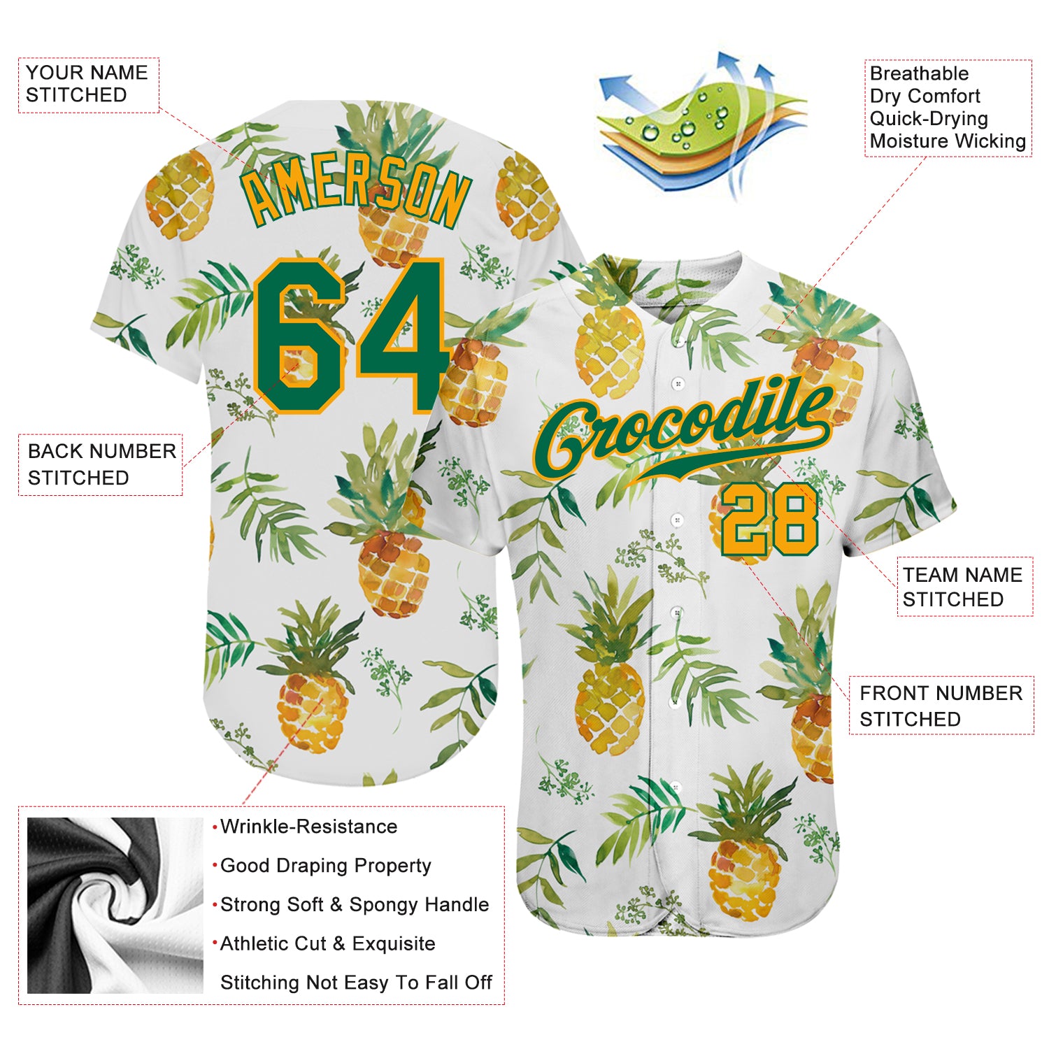 Custom White Kelly Green-Gold 3D Pattern Design Hawaii Pineapples Authentic Baseball Jersey