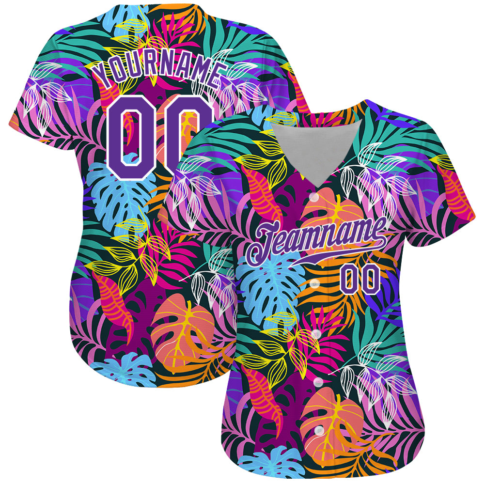 Custom White Purple-White 3D Pattern Design Hawaii Palm Trees Authentic Baseball Jersey