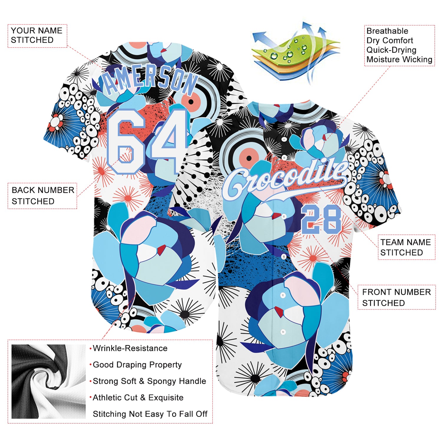 Custom White White-Light Blue 3D Pattern Design Flowers Authentic Baseball Jersey