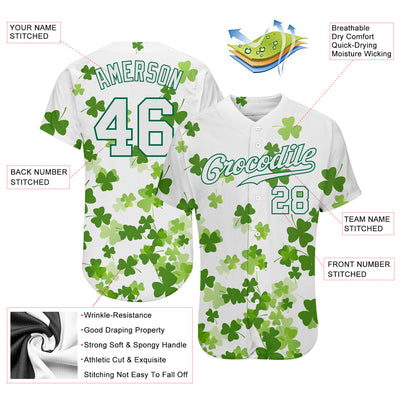Custom White White-Kelly Green 3D Pattern Design Authentic St. Patrick's Day Baseball Jersey