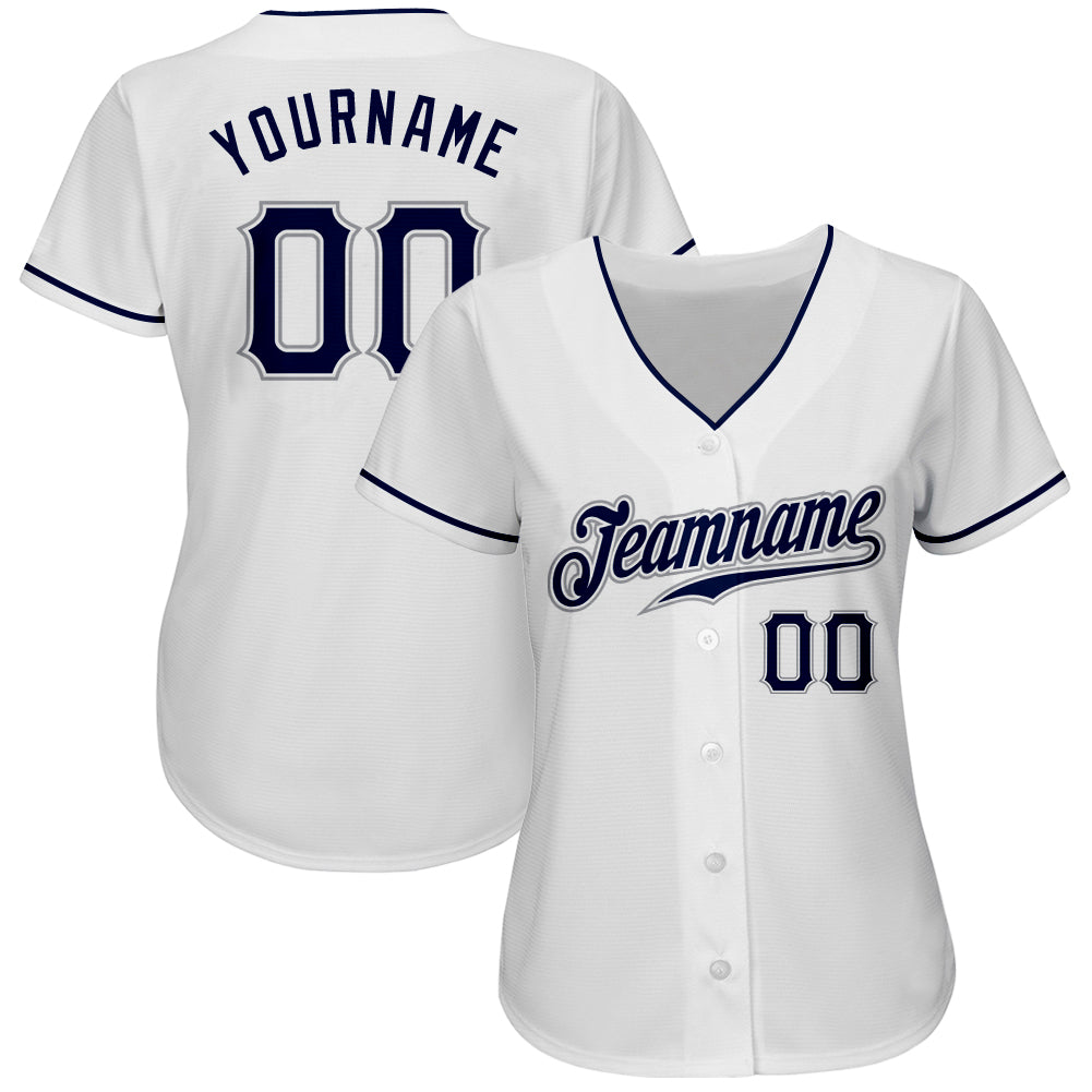 Custom White Navy-Gray Authentic Baseball Jersey