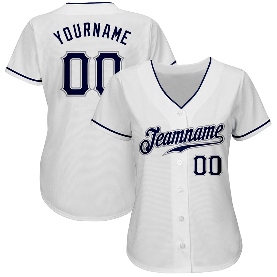 Custom White Navy-Gray Authentic Baseball Jersey